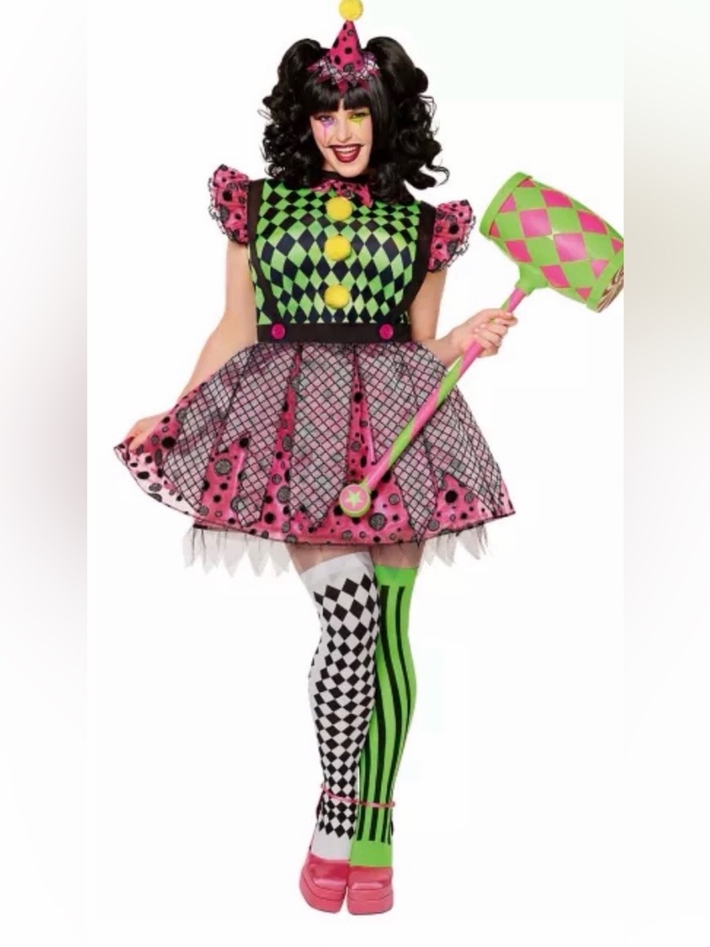 Spirit Neon Clown Circus Dress Costume Halloween size Large with socks